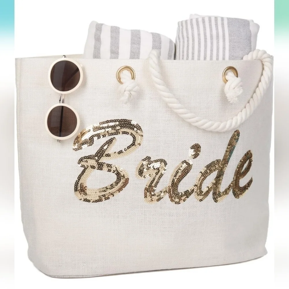 Bride Sequine Jute Large Beach Tote